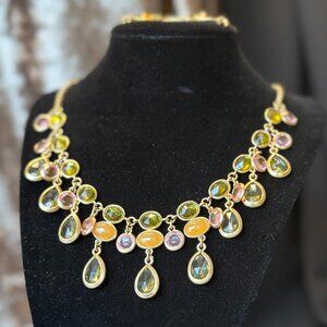 Matte Gold Collar Bib Necklace + Earrings Moss Green Pink Orange Teardrop Oval